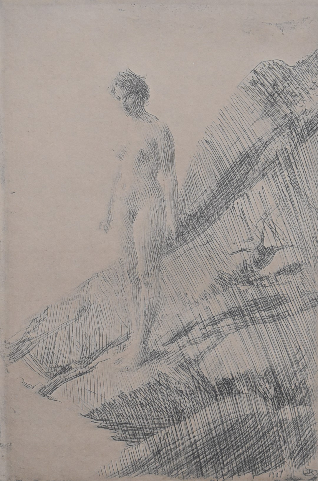 Anders Zorn signed etching of a nude lady on a rocky outcrop, 32 x 23cm