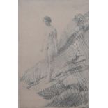 Anders Zorn signed etching of a nude lady on a rocky outcrop, 32 x 23cm