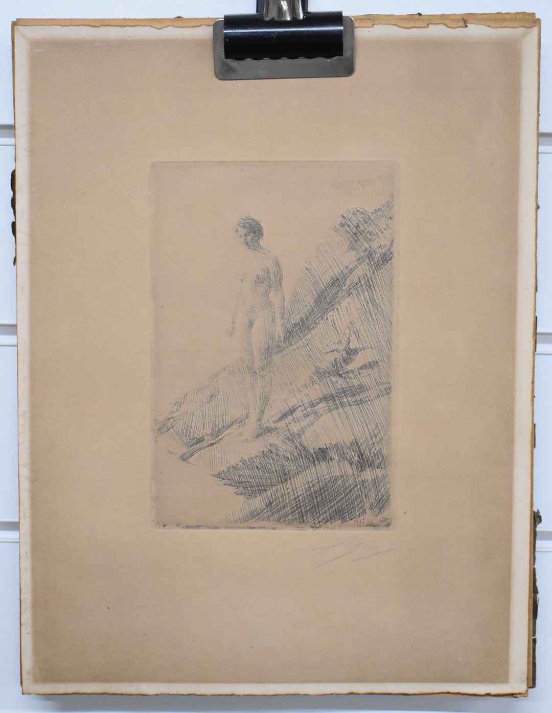 Anders Zorn signed etching of a nude lady on a rocky outcrop, 32 x 23cm - Image 2 of 3