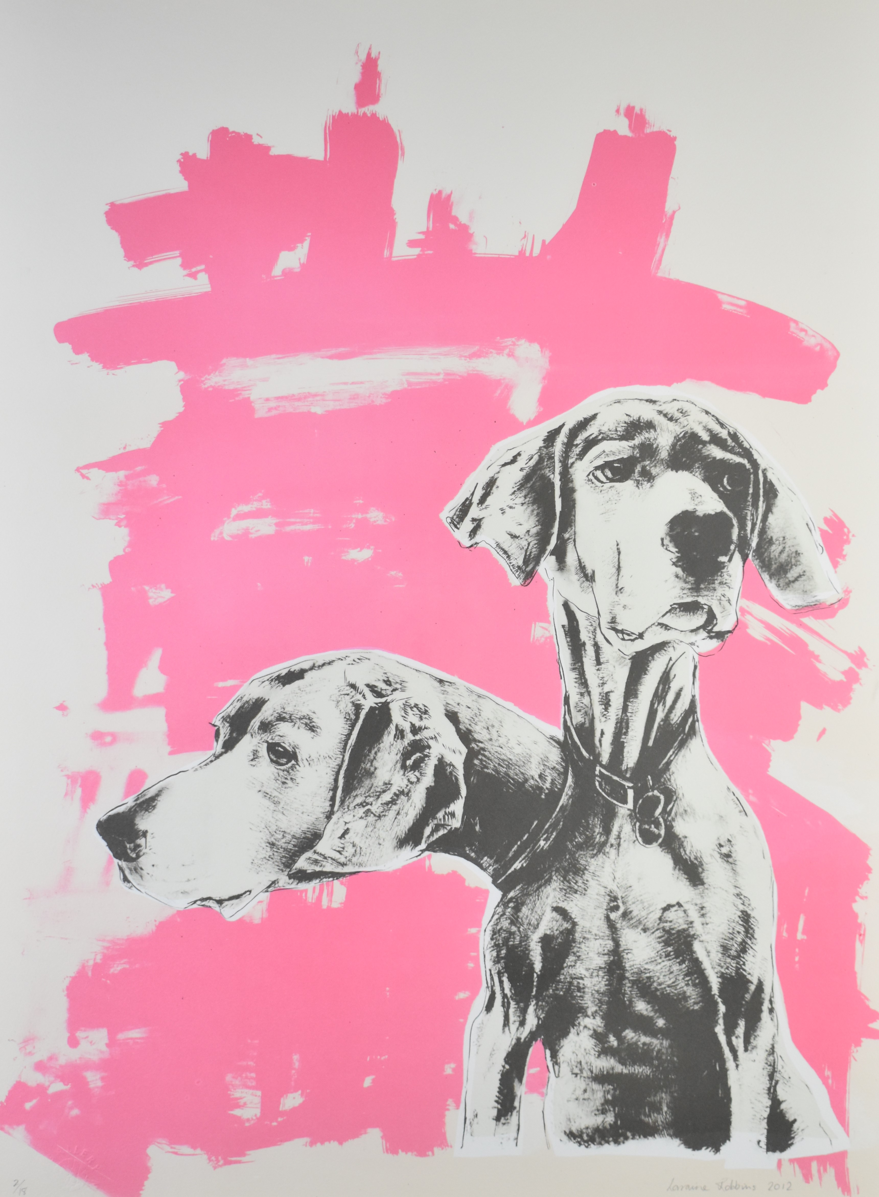 Lorraine Robbins signed limited edition (2/18) print of two dogs, 73 x 53cm, in silvered frame