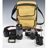 Pentax ME super 35mm SLR camera outfit including 50mm 1:2, Kiron 28mm f2 and Super Paragon 80-
