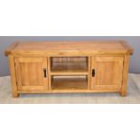 Contemporary solid oak low cupboard and shelf media unit / television stand W139 x D42 x H60cm