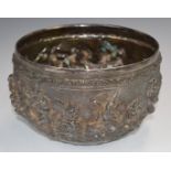 Burmese or Indian silver bowl with deeply embossed relief decoration of figures, court scenes and