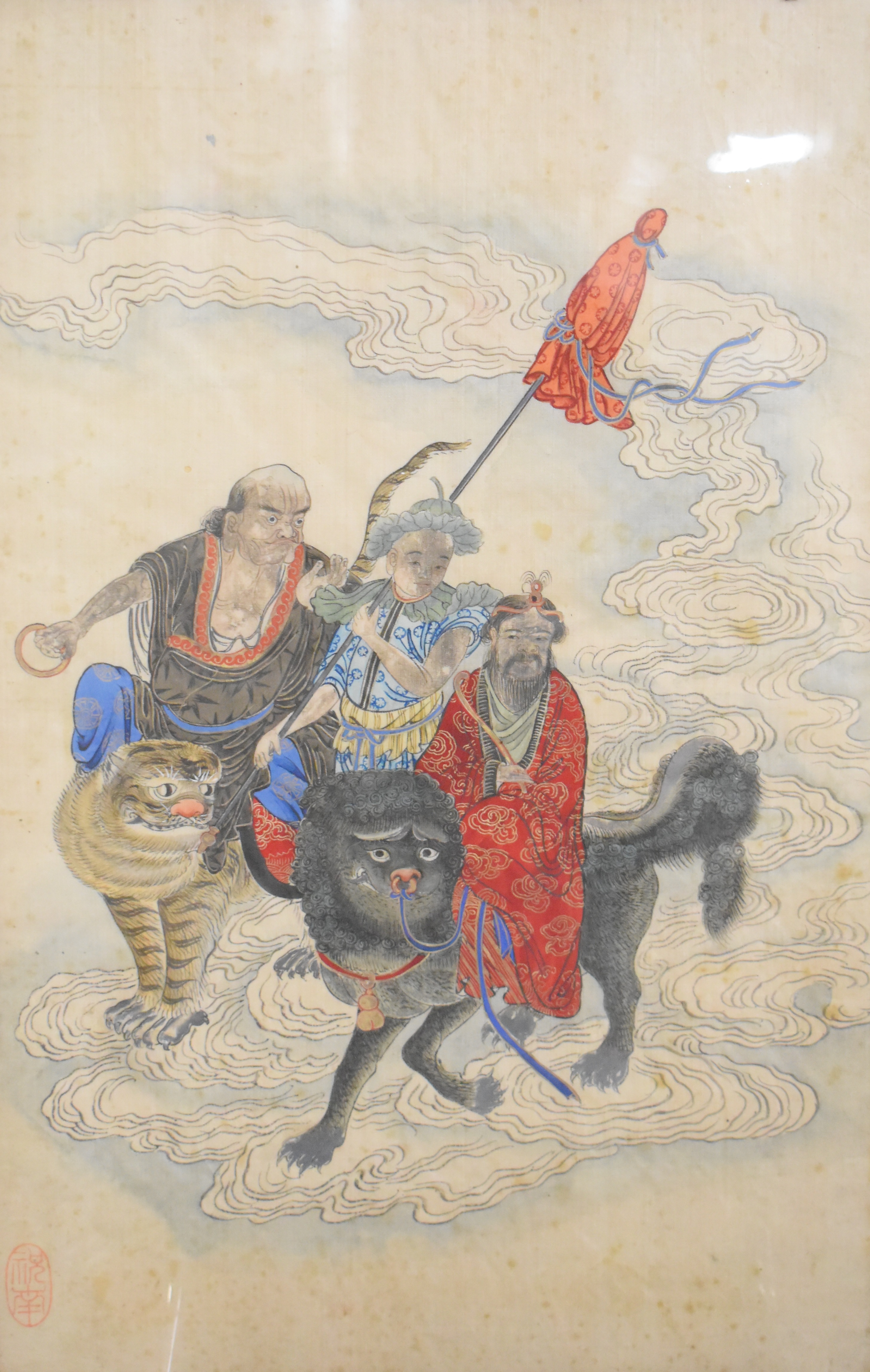 Two 19th / 20thC Japanese watercolours on woven silk, one a court scene the other riders of - Image 2 of 4