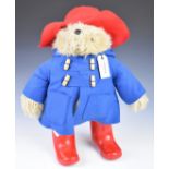 Paddington Bear teddy bear with label, blue jacket and red hat and boots, 50cm tall.