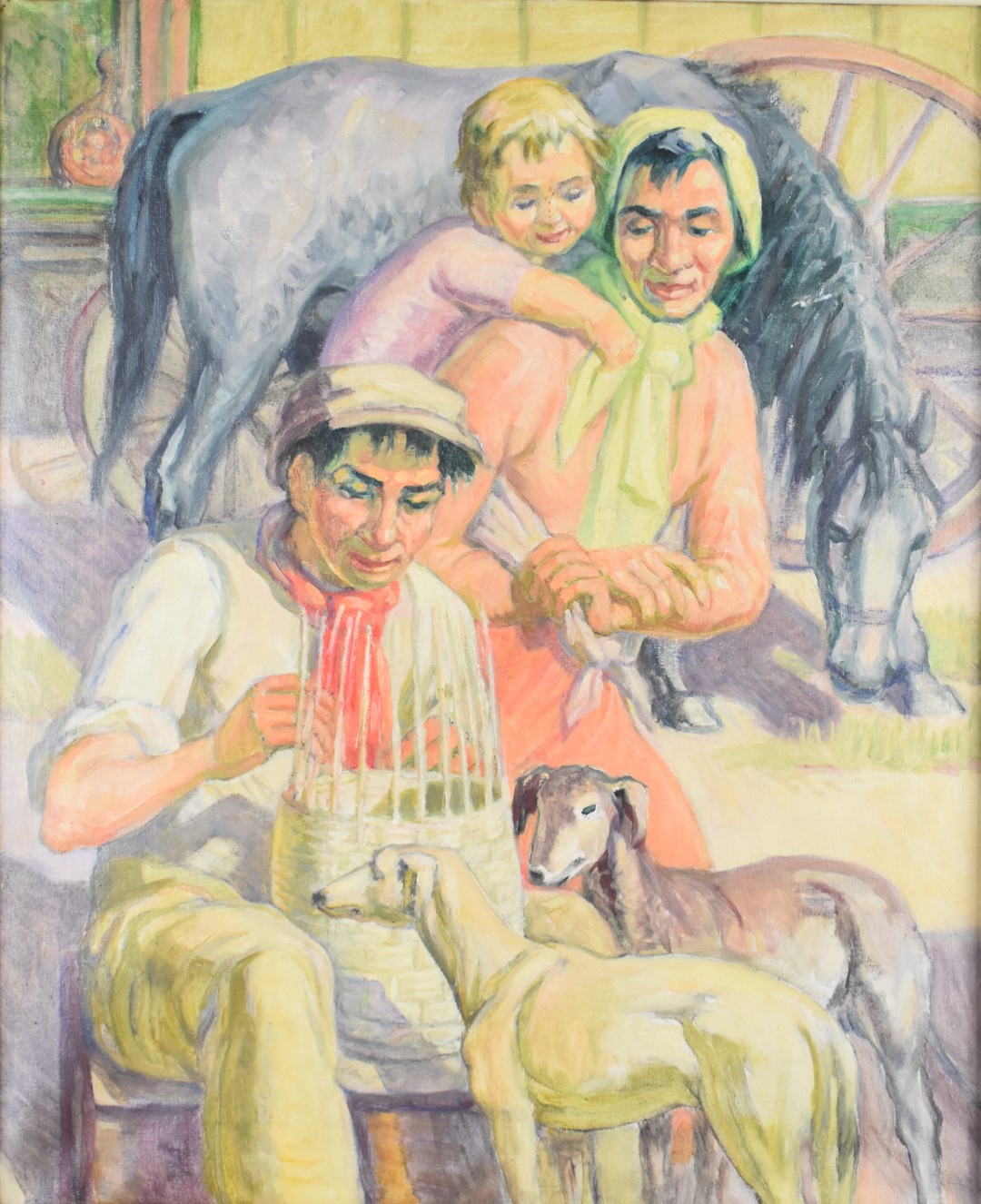 Harold Dearden (1888-1962) oil on canvas gypsy family basket making with dogs, horse and caravan,