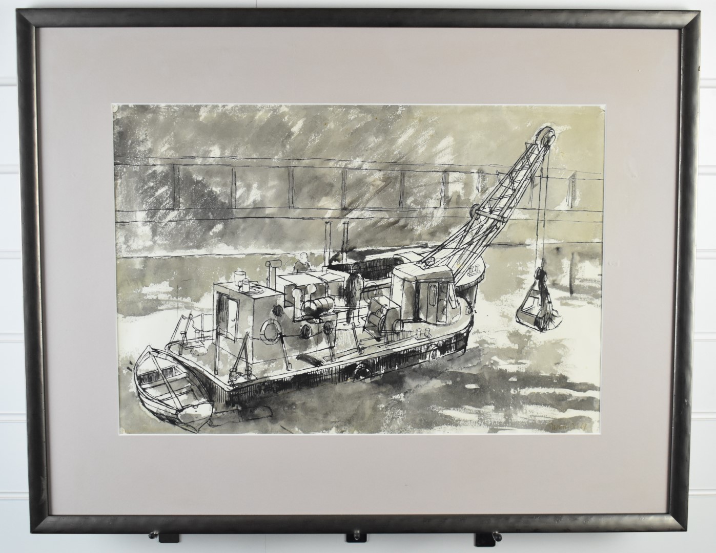 Farrell pen and ink study of a dredger with smaller boat to the back, signed and dated 69 lower - Image 2 of 4