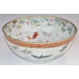 Chinese 19thC pedestal bowl with interior decoration of fish and exterior decoration of birds,