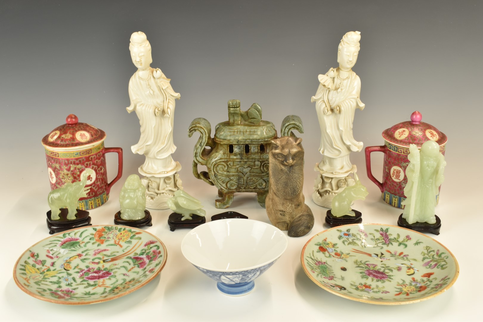 Collection of Chinese ceramics, jadeite / jade, blanc de chine etc, tallest 27cm