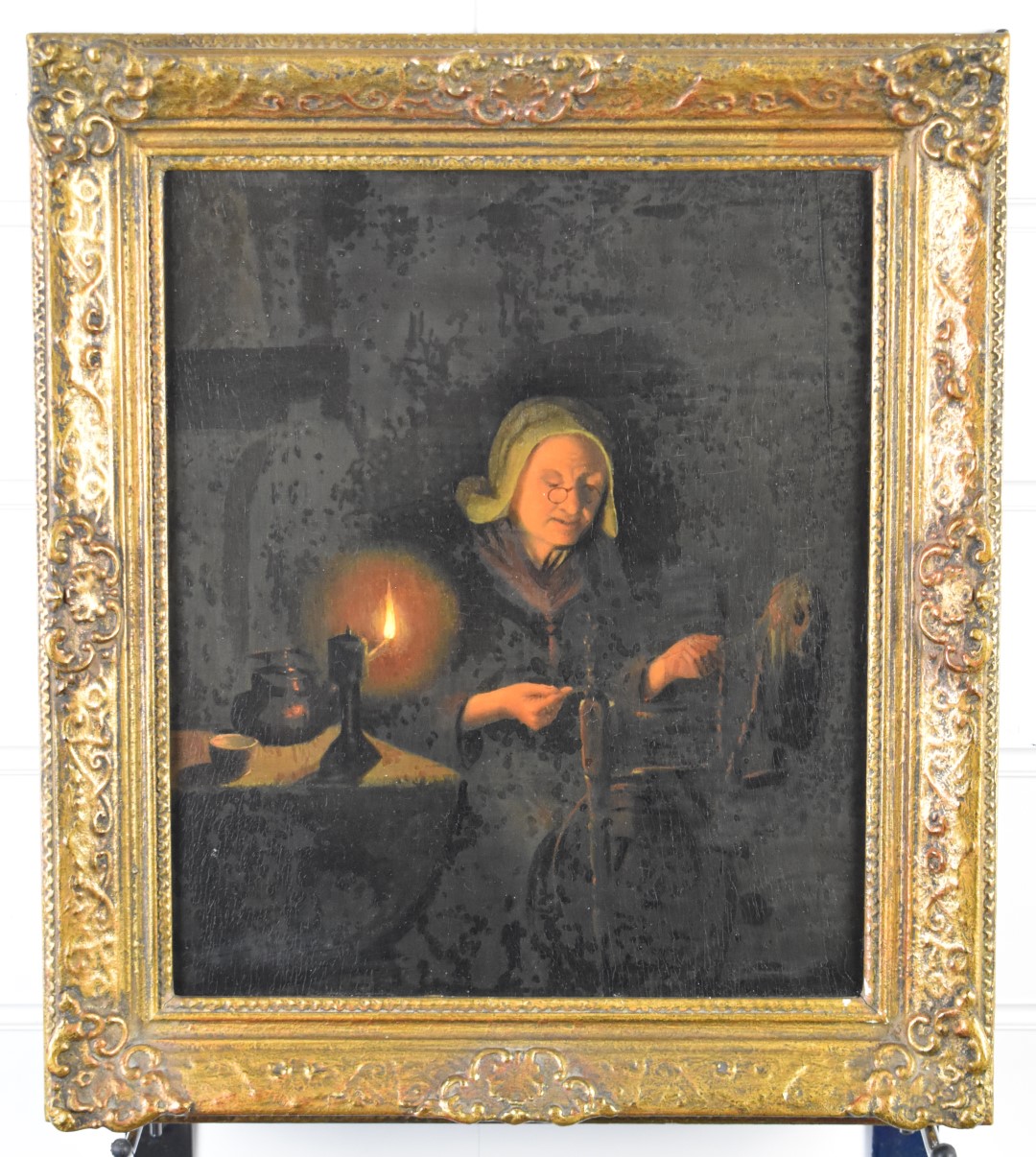 19thC continental oil on board spinning wool by candlelight, 29 x 24cm, in gilt frame - Image 2 of 4