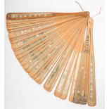 Chinese bamboo and silk fan with flora and fauna decoration, length 24cm