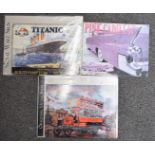 Three metal advertising signs 'Pink Cadillac', 'Dennis Omnibus' and 'White Star Line Titanic'