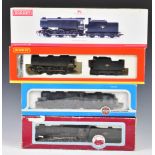 Three 00 gauge model railway locomotives comprising Hornby Bulleid Q1 R2344, Airfix LMS Class 4F