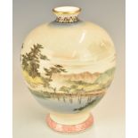 Japanese Satsuma vase with decoration of figures walking across a bridge and impressed four