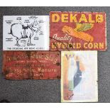 Four metal advertising signs 'Dekalb Quality Hybrid Corn, 'The Original Off Road Vehicle', 'Wine