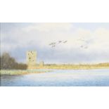 Geoffrey Campbell Black (born 1925) acrylic on canvas birds in flight above a ruined tower with
