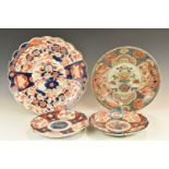 Two Japanese Imari chargers and two plates, largest diameter 36cm