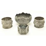 Burmese or Indian silver bowl with embossed decoration, diameter 9cm, weight 78g together with two