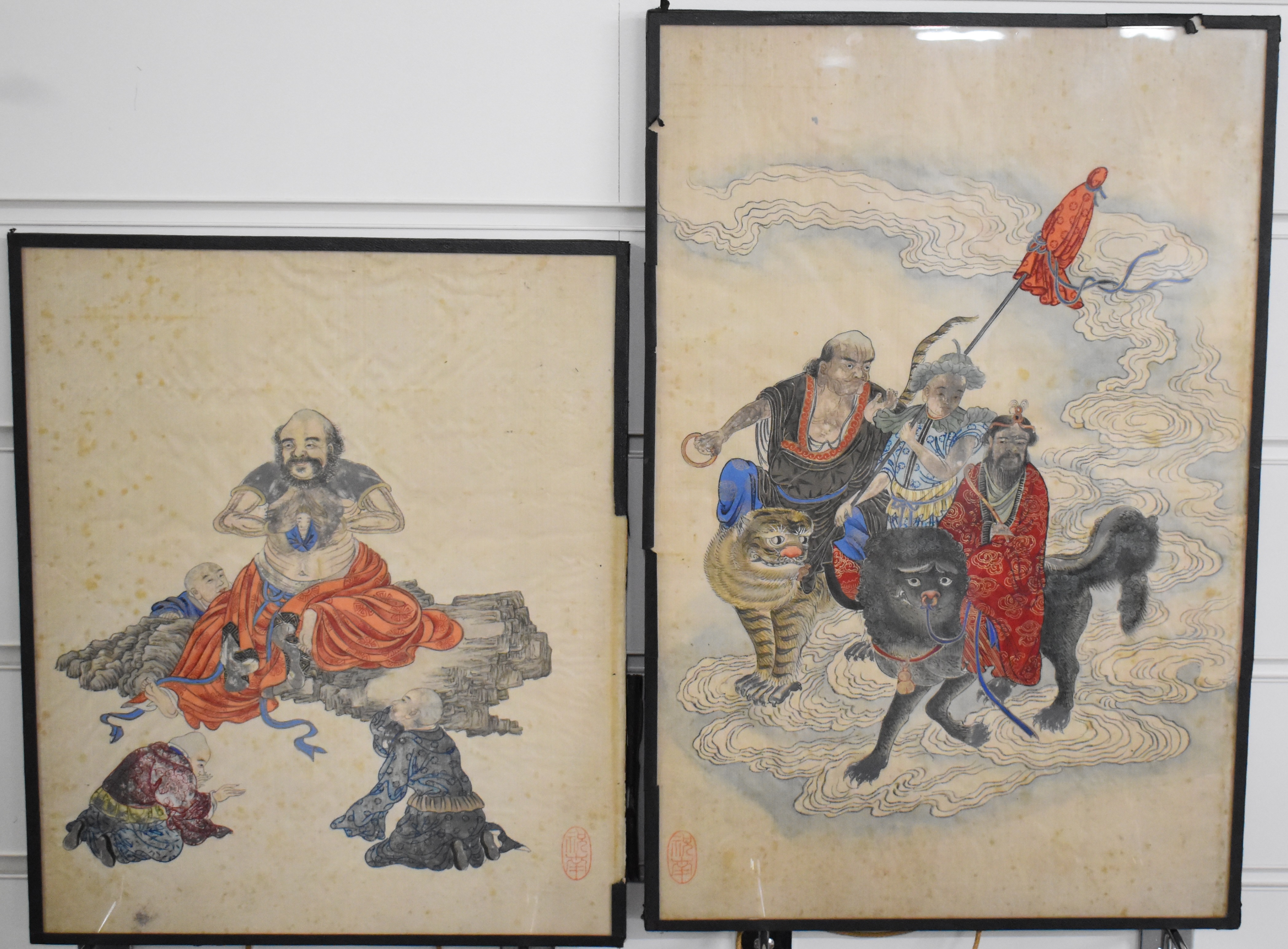 Two 19th / 20thC Japanese watercolours on woven silk, one a court scene the other riders of