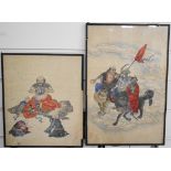 Two 19th / 20thC Japanese watercolours on woven silk, one a court scene the other riders of