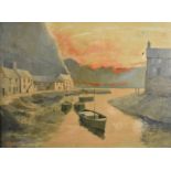 I Wilson oil on board possibly West Wales harbour scene at sunset, signed and dated 69 lower left,