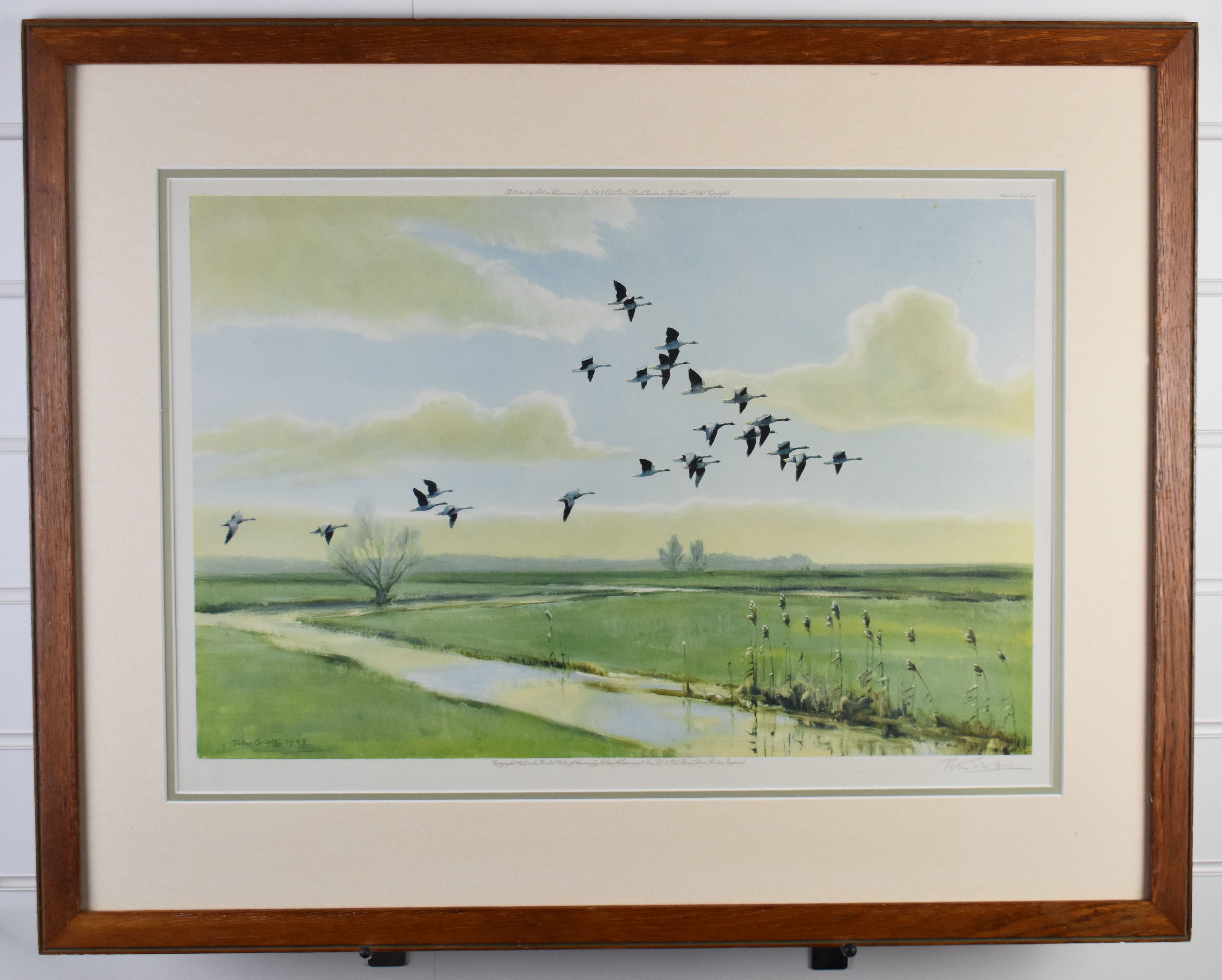 Peter Scott (1909-1989) signed print of geese in flight, 38 x 55cm, in oak frame - Image 2 of 7