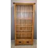 Contemporary solid oak bookcase with two drawers under and adjustable shelving W89 x D30 X H192cm