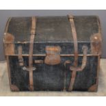 Leather bound dome top travelling trunk or chest, L78 x D54 x H62cm