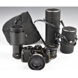 Nikon Nikkormat EL 35mm SLR camera with 50mm 1:1.4 lens and Vivitar 28mm 1:2.5 and 70-210mm 1:3.5