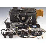 Three 35mm cameras comprising Olympus OM20 SLR with 50mm 1:1.8 and 35-70 1:4 lenses, Mamiya
