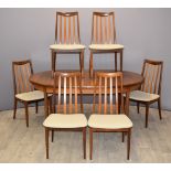 G Plan retro mid century extending table and six chairs, table length min 155, max 200, width 110