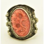 Chinese silver ring set with carved coral