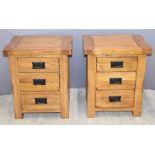 Contemporary solid oak pair of bedside chest of three drawers, W50 x D42 x H59cm