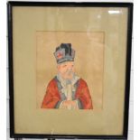 19th / 20thC Chinese watercolour on silk of scholar holding a scroll, 24 x 21cm