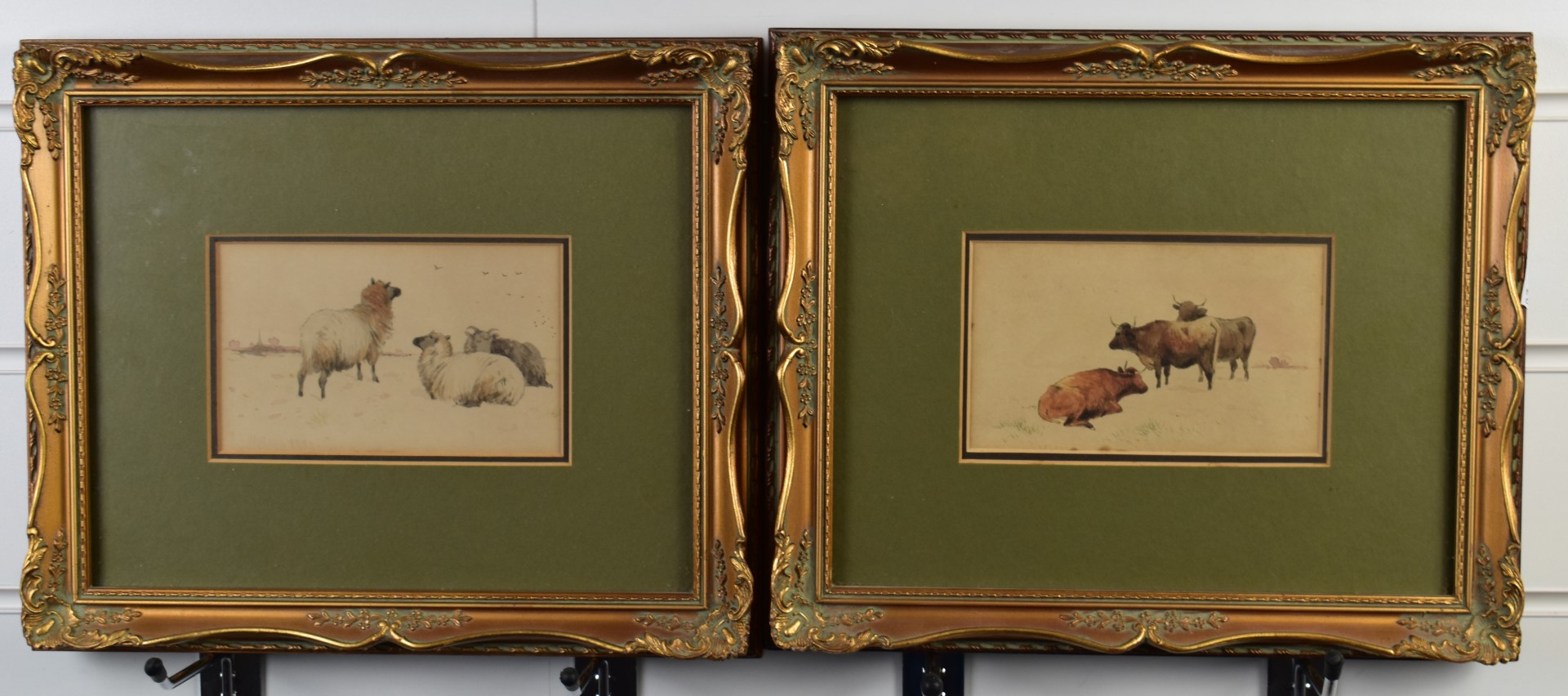 F E Valter pair of Victorian watercolours of sheep and cattle, both signed to lower edge, one