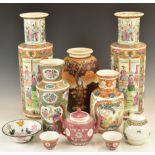 Chinese and Japanese vases with famille rose decoration, teaware and a cloisonné pedestal bowl,