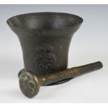 17th/18thC bronze pestle and mortar with crown emblem on opposing sides, height 10 x diameter 13cm