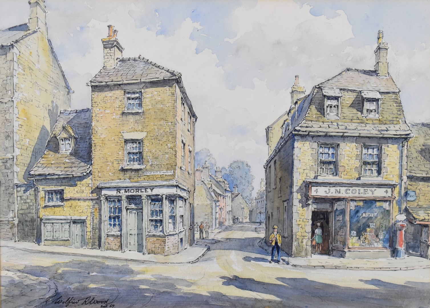 Wilfrid R Wood (1888-1976) watercolour of Welland Road and High Street, St Martins, Stamford,