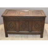 18thC carved oak coffer with panelled hinged lid, W113 x D53 x H69cm