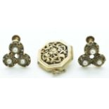 A pair of Chinese silver filigree earrings set with faux pearls and a silver gilt Chinese pendant