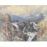 E A Warrington watercolour waterfall landscape, signed and dated 1876 lower left, 38 x 49.5cm, in