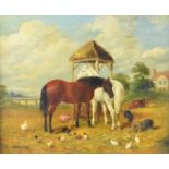 In the manner of J F Herring oil on board study of two horses with chickens, ducks and pigs beside