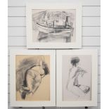 Sam Dodwell (1909-1990) three charcoal pictures, two of nude ladies, the other a harbour scene,