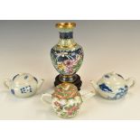 Chinese 19thC miniature famille rose teapot, cloisonné vase and two further teapots, tallest 13.5cm