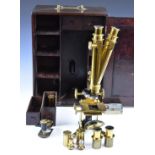 Victorian or early 20thC Baker of 244 High Holborn London binocular microscope, in mahogany carry