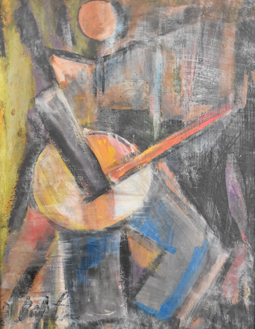 Possibly Russian cubist study of a man playing a banjo, indistinctly signed lower left, 26 x 20cm