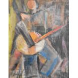 Possibly Russian cubist study of a man playing a banjo, indistinctly signed lower left, 26 x 20cm