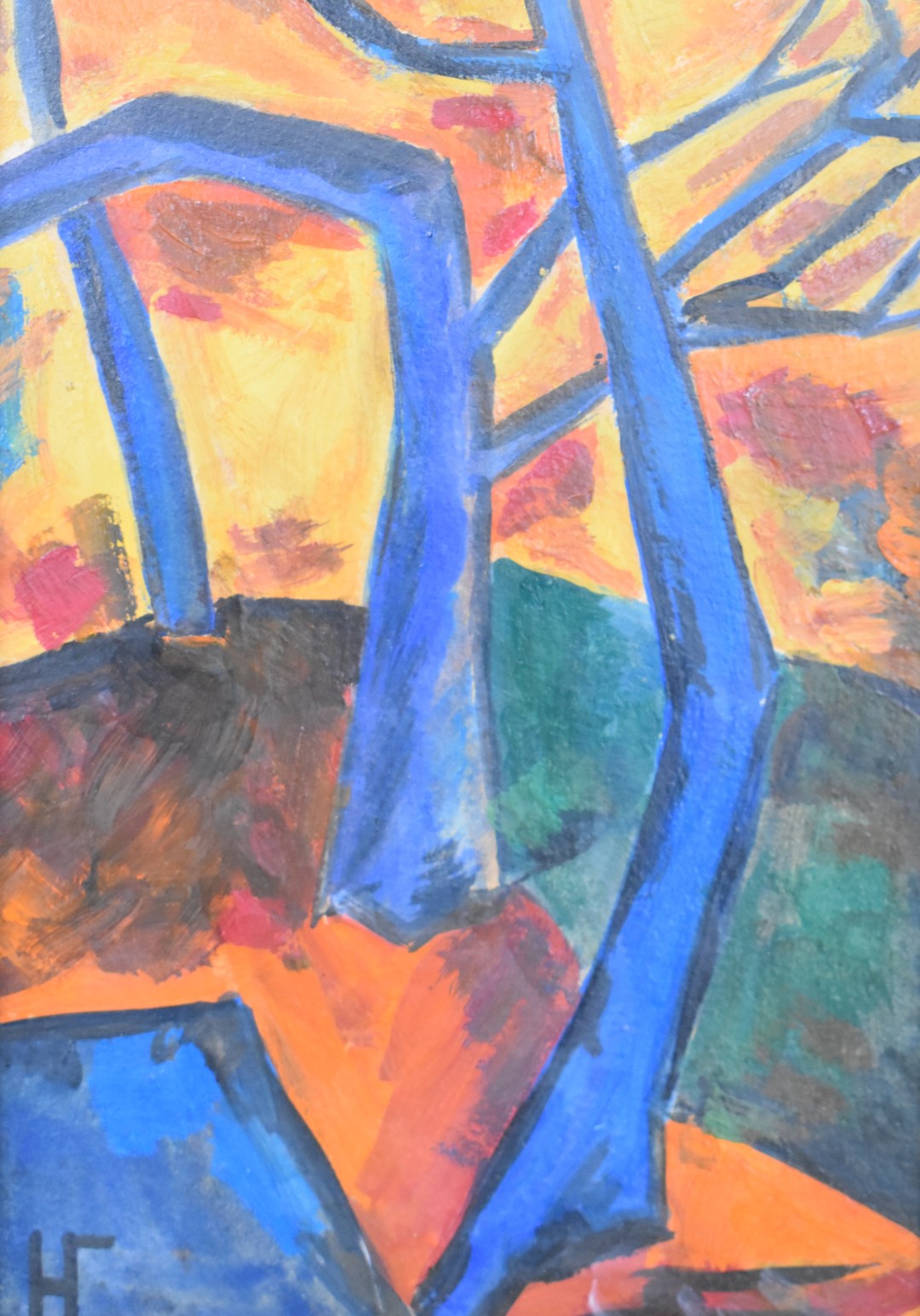 Natalia Goncharova (1881-1962) cubist landscape 'The Forest' blue trees, with monogram lower left,