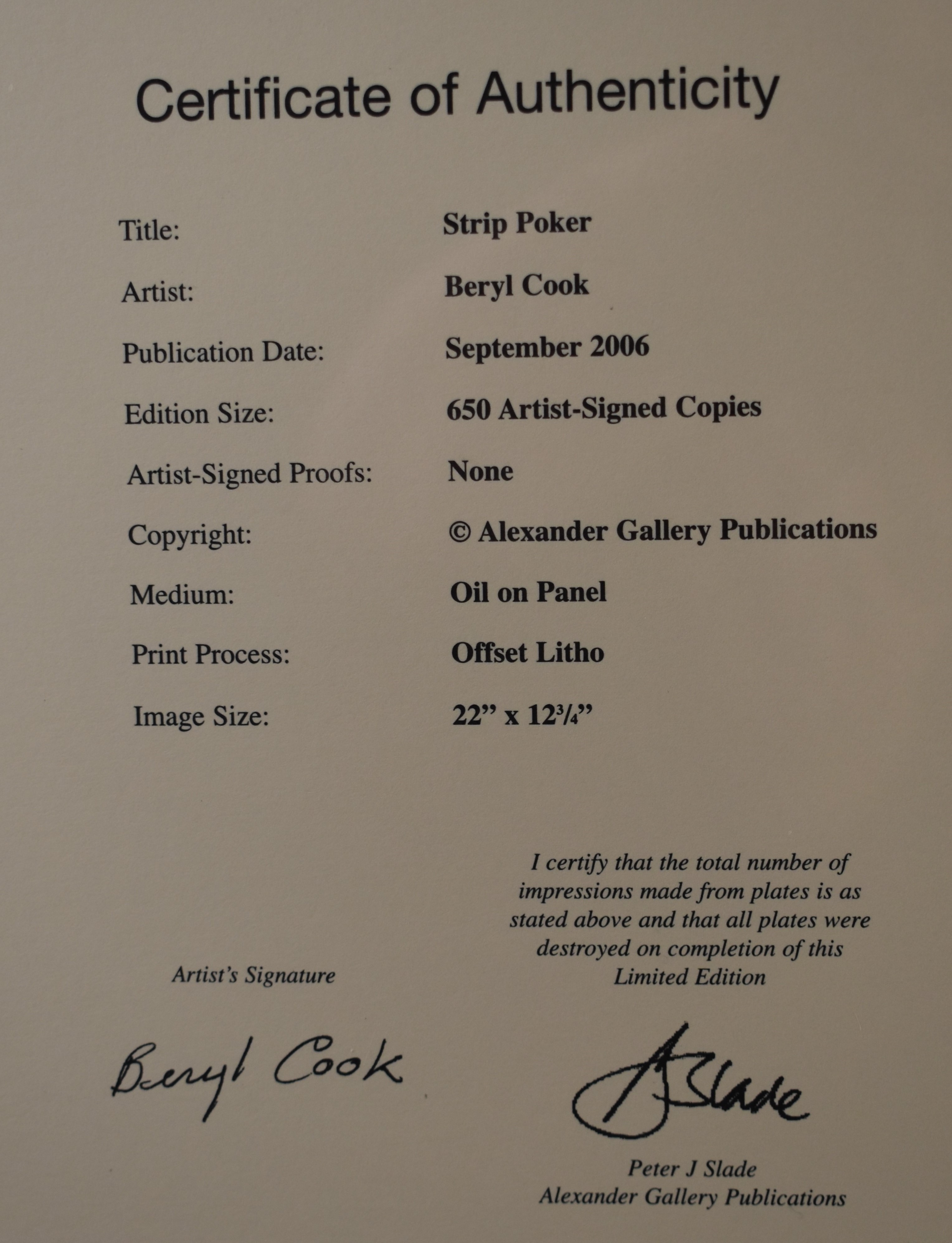 Beryl Cook (1928-2008) signed limited edition (90/650) print 'Strip Poker', with gallery blind stamp - Image 5 of 5