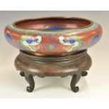 Chinese 19thC cloisonné pedestal dish with dragon decoration, on carved hardwood stand, overall